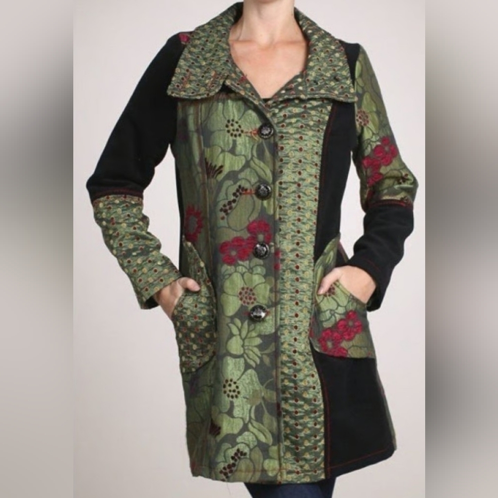 GUC Neslay Paris Women Sz S Jacquard Long Blazer Jacket Black Green Floral Fairy